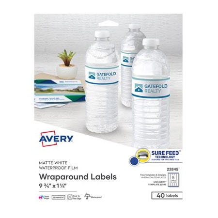 Avery, WATER-RESISTANT WRAPAROUND LABELS W/ SURE FEED, 9 3/4 X 1 1/4, WHITE, 40PK